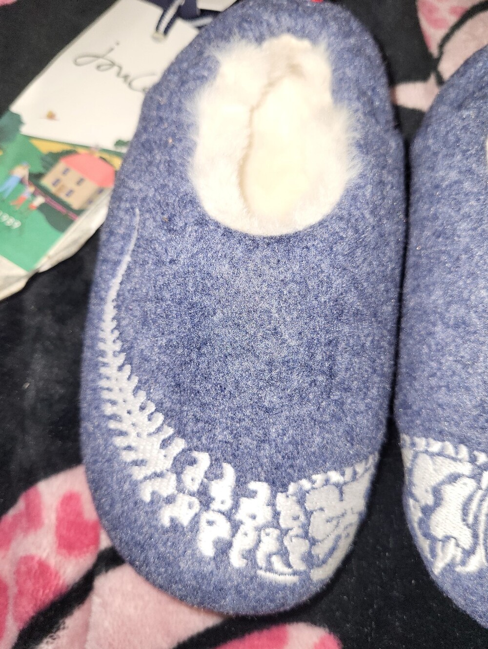Joules Navy Blue Dino Footie Slippers with Cream Plush Lining - Picture 3 of 4